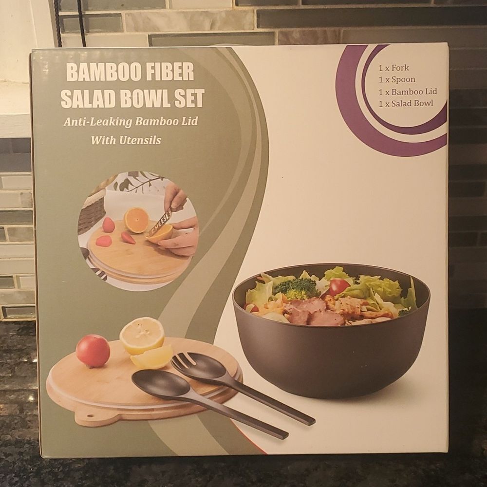 NEW Salad bowl set w/ fork & spoon & bamboo leak proof lid / cutting board. Gift